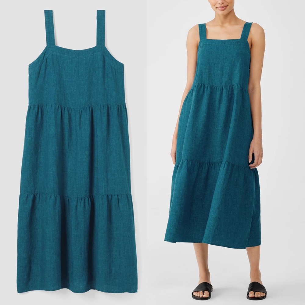 Eileen Fisher Washed Organic Linen Delave Tiered Midi Dress Teal Size Large
